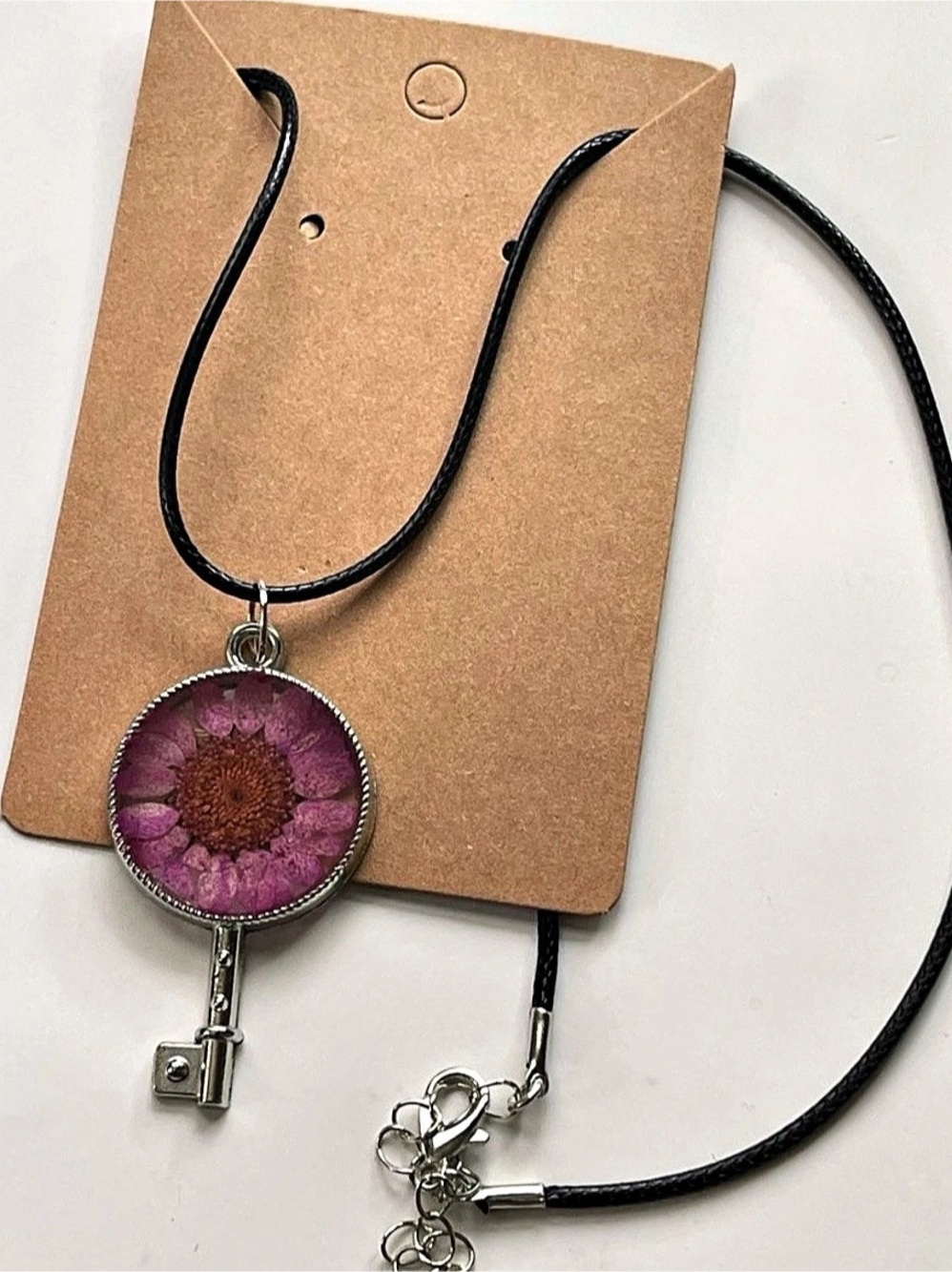 Floral Key Pendant Necklace in Black & Purple Like New